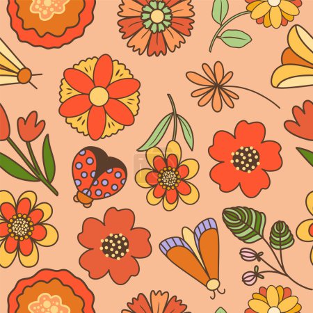 Téléchargez les illustrations : Motif floral vectoriel sans couture avec fleurs sauvages rétro, coccinelle et papillon, ornement floral rétro - en licence libre de droit