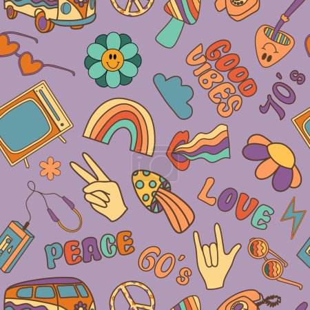 Ilustración de Elementos retro groovy vector patrón sin costuras; símbolos retro, arco iris, paz, amor, hippie, margarita, estilo de dibujos animados pop retro de moda - Imagen libre de derechos