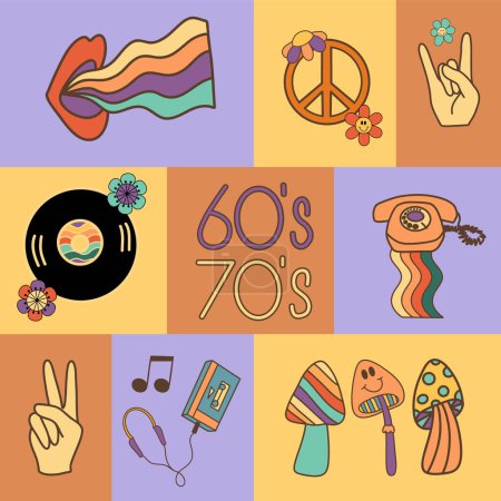 Illustration for Pre-made poster with retro elements, vector set with groovy symbols (vinyl, mushroom, telephone, peace sign etc) - Royalty Free Image