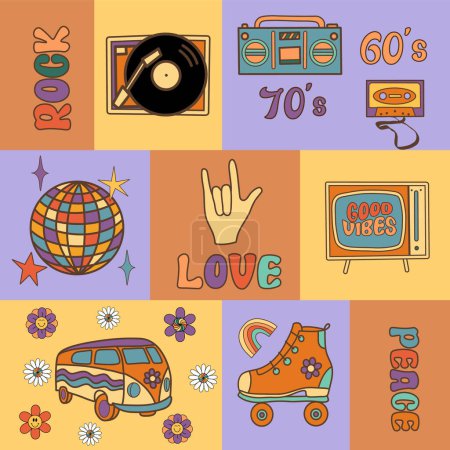 Illustration for Pre-made poster with retro elements, vector set with groovy symbols (vinyl, retro tv, disco ball, minivan, peace etc) - Royalty Free Image