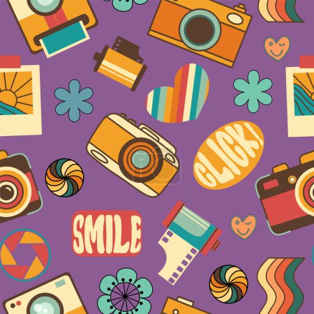 Illustration for Retro groovy photography elements vector seamless pattern; retro camera, camera roll, click, smile in trendy retro groovy style - Royalty Free Image