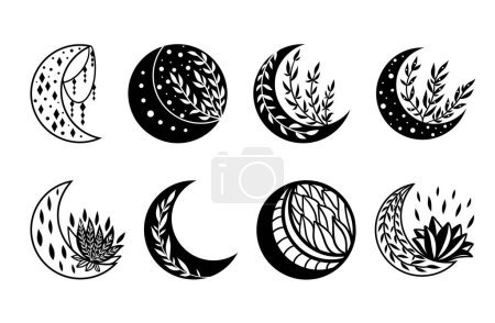 Ilustración de Colección mística floral luna, clipart celeste, línea dibujada a mano arte místico aislado símbolos, ilustración mágica - Imagen libre de derechos