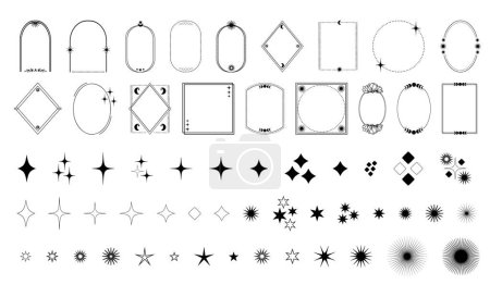 Ilustración de Conjunto de marcos místicos vectoriales con elementos decorativos celestiales y estrellas para tarjetas, carteles e invitaciones, clipart boho bohemio de fronteras - Imagen libre de derechos