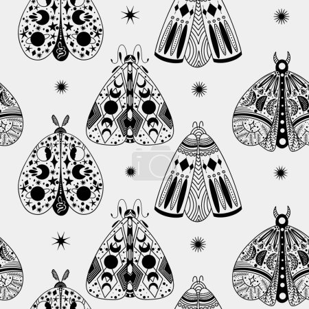 Illustration for Seamless pattern of hand drawn line art mystical celestial moths, witchy esoteric vector background - Royalty Free Image