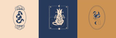 Téléchargez les illustrations : Vector set of mystical illustrations, witchy hands, cat, moon, snakes, witchcraft symbol, witchy esoteric objects, minimal celestial line art drawing - en licence libre de droit