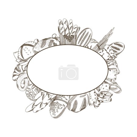 Illustration for Vector hand drawn oval frame border of bakery products, ink sketch style illustration - Royalty Free Image
