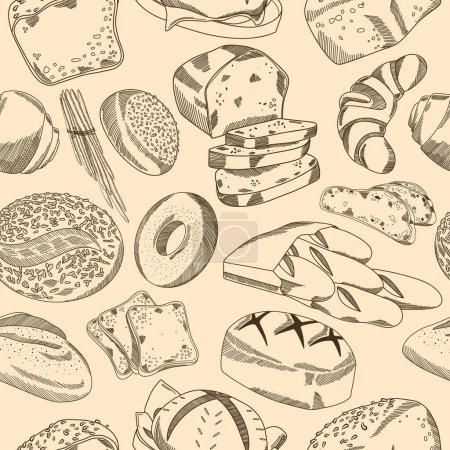 Téléchargez les illustrations : Modèle sans couture dessiné à la main vectoriel de produits de boulangerie, fond de style croquis à l'encre - en licence libre de droit