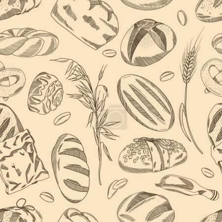 Ilustración de Patrón sin costura dibujado a mano vectorial de productos de panadería y trigo, fondo de estilo boceto de tinta - Imagen libre de derechos