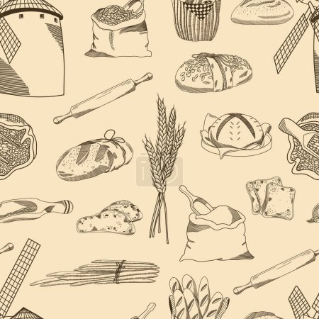 Illustration for Vector hand drawn seamless pattern of bakery products, wheat and windmill,  ink sketch style background - Royalty Free Image