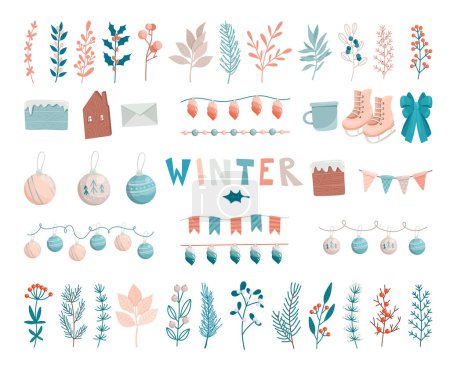 Illustration for Collection of vector winter plants and holiday objects in flat style, Christmas set of individual elements, hand drawn vector illustration - Royalty Free Image