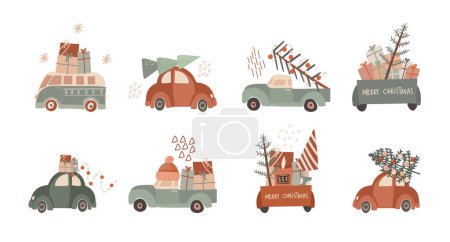 Téléchargez les illustrations : Ensemble de voitures rétro de Noël hiver vectoriel avec des boîtes-cadeaux de vacances et des arbres de Noël dans un style plat, clipart de Noël drôle, illustrations vectorielles dessinées à la main - en licence libre de droit