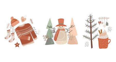 Illustration for Vector winter illustrations in flat style, funny set of Christmas mood scenes, hand drawn vector illustration - Royalty Free Image
