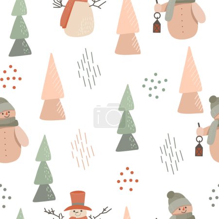 Téléchargez les illustrations : Modèle sans couture d'hiver de bonhomme de neige, éléments abstraits et arbres de Noël simples, illustration vectorielle dessinée à la main - en licence libre de droit