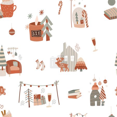 Illustration for Seamless pattern of cozy winter home scenes (Christmas trees, candles, gift boxes, Christmas decorations), hand drawn vector illustration - Royalty Free Image