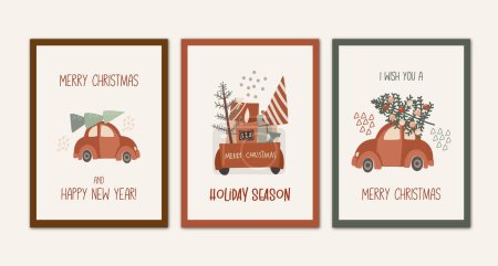 Téléchargez les illustrations : Ensemble de cartes de vœux de Noël pour les vacances d'hiver, voitures de Noël avec boîtes-cadeaux et arbres de Noël, illustration vectorielle dessinée à la main - en licence libre de droit