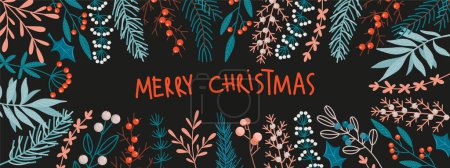 Ilustración de Greeting Christmas card to winter holidays, floral winter elements, holly tree, mistletoe, spruce and pine branches, Merry Christmas lettering, hand drawn vector illustration on dark background - Imagen libre de derechos