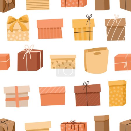 Téléchargez les illustrations : Modèle sans couture de boîtes d'artisanat cadeau, boîtes en papier sur fond blanc, fond de vacances vectoriel plat - en licence libre de droit