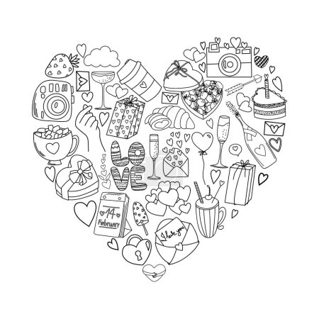 Téléchargez les illustrations : Illustration romantique de la Saint-Valentin, coeur des éléments dessinés à la main dans le style doodle, illustration vectorielle - en licence libre de droit