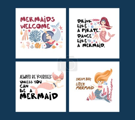 Illustration for Set of pre-made compositions with cute mermaids under the sea among the seaweed, corals and sea creatures, saying about the mermaids, vector hand drawn illustrations for posters, cards, textile prints - Royalty Free Image