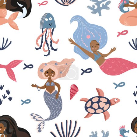 Illustration for Seamless pattern of cute mermaids, sea creatures, seaweed and corals, vector illustration in flat style, cartoon textile ornament - Royalty Free Image