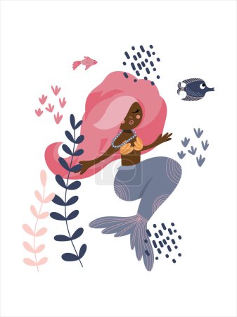 Téléchargez les illustrations : Jolie sirène sous la mer parmi les algues et les poissons, illustration vectorielle dessinée à la main - en licence libre de droit
