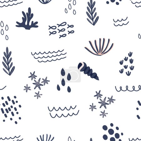 Ilustración de Patrón inconsútil de elementos marinos abstractos, conchas marinas, algas marinas y corales, ilustración vectorial en estilo plano, adorno textil abstracto - Imagen libre de derechos