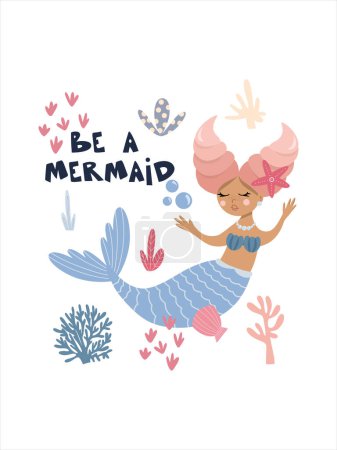 Illustration for Cute little princess mermaid under the sea among the seaweed and corals, vector hand drawn illustration, Be a mermaid lettering for posters and cards - Royalty Free Image
