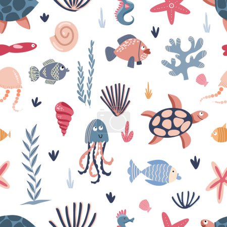 Téléchargez les illustrations : Modèle sans couture de créatures marines, algues et coraux, illustration vectorielle dans un style plat, décoration textile dessin animé - en licence libre de droit