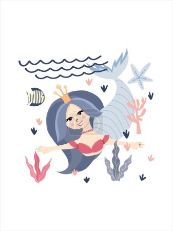 Ilustración de Linda sirenita princesa bajo el mar entre las algas marinas y corales, ilustración dibujada a mano vector - Imagen libre de derechos