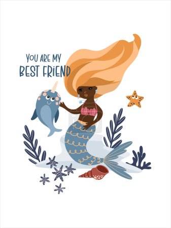 Illustration for Swimming cute mermaid and cartoon narwhal under the sea among the seaweed and seashells, vector hand drawn illustration, You are my best friend lettering for poster and card - Royalty Free Image