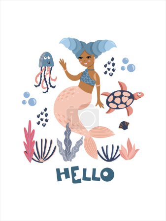 Illustration for Swimming cute mermaid and cartoon jellyfish and turtle under the sea among the seaweed and corals, vector hand drawn illustration - Royalty Free Image