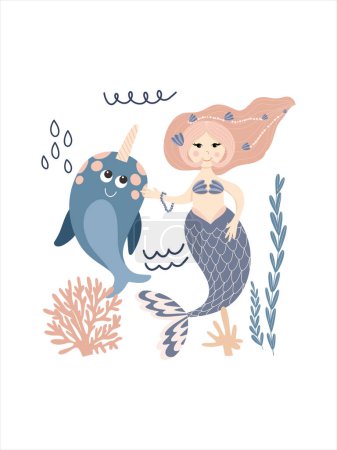 Illustration for Swimming cute mermaid and cartoon narwhal under the sea among the seaweed and corals, vector hand drawn illustration - Royalty Free Image