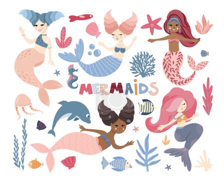 Téléchargez les illustrations : Set of swimming cute mermaids, sea plant, marine animals, corals and seaweed, vector hand drawn illustration - en licence libre de droit