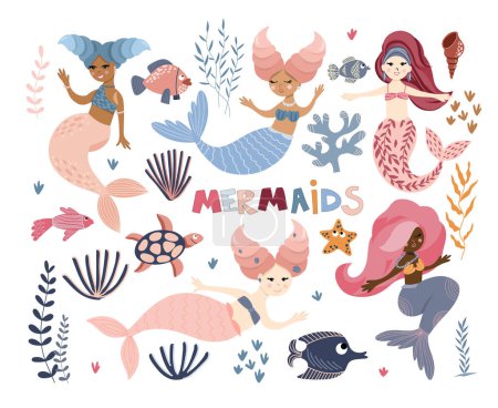 Téléchargez les illustrations : Set of swimming cute mermaids, sea plant, marine animals, corals and seaweed, vector hand drawn illustration - en licence libre de droit