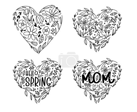 Ilustración de Line art floral hearts for greeting or love cards, vector illustration for Valentine's Day and Mother's Day - Imagen libre de derechos