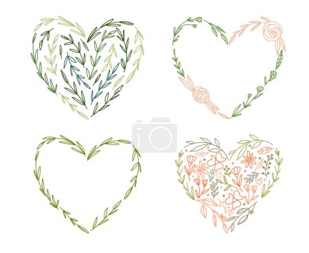 Ilustración de Corazones florales de arte de línea para tarjetas de felicitación o amor, bordes del marco del corazón de la flor, ilustración del vector para el día de San Valentín y la boda - Imagen libre de derechos