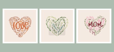 Ilustración de Plantillas de tarjetas prefabricadas para San Valentín, Día de la Madre, tarjeta de felicitación o de boda, corazones florales de arte de línea, ilustración vectorial dibujada a mano - Imagen libre de derechos