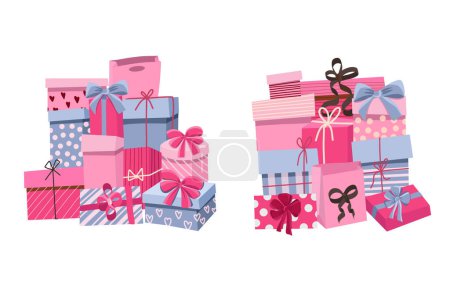 Téléchargez les illustrations : Stacks of gift boxes with bows and craft packaging in pink and purple shadows, paper boxes with ribbon isolated on white background, flat vector holiday clip art - en licence libre de droit