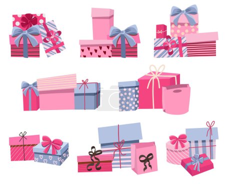 Téléchargez les illustrations : Set of gift boxes with bows and craft packaging in pink and purple shadows, paper boxes with ribbon isolated on white background, flat vector holiday clip art - en licence libre de droit