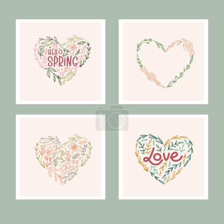 Téléchargez les illustrations : Pre-made card templates for Valentine's Day, greeting or wedding card, Line art floral hearts, hand drawn vector illustration - en licence libre de droit