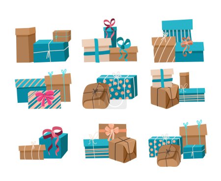 Téléchargez les illustrations : Set of gift boxes with bows and craft packaging in brown and teal shadows, paper boxes with ribbon isolated on white background, flat vector holiday clip art - en licence libre de droit