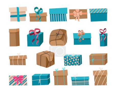Ilustración de Set of gift boxes with bows and craft packaging in brown and teal shadows, paper boxes with ribbon isolated on white background, flat vector holiday clip art - Imagen libre de derechos