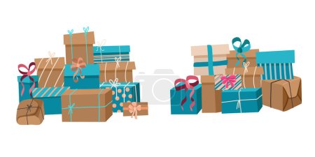 Téléchargez les illustrations : Paquets de boîtes-cadeaux avec arcs et emballage artisanal dans des ombres marron et sarcelle, boîtes en papier avec ruban isolé sur fond blanc, clip art vectoriel plat de vacances - en licence libre de droit