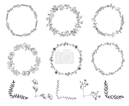 Illustration for Line art wildflowers wreaths and floral corners, line art drawing, botanical vector illustration - Royalty Free Image