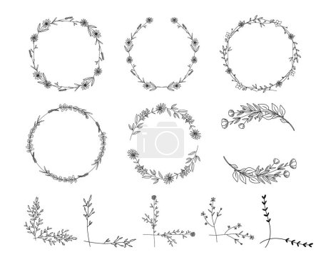 Téléchargez les illustrations : Fleurs sauvages d'art de ligne couronnes et coins floraux, dessin d'art de ligne, illustration vectorielle botanique - en licence libre de droit