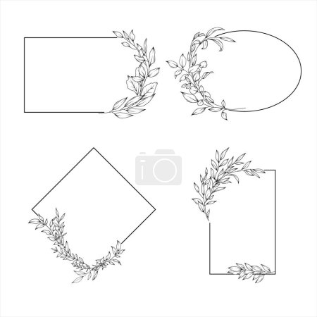 Ilustración de Conjunto vectorial de elegantes marcos geométricos decorados con ramas de eucalipto y vegetación, diseño de tarjetas de boda dibujadas a mano, bordes botánicos, ilustración floral de arte de línea dibujada a mano - Imagen libre de derechos