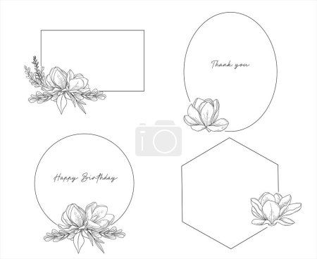 Ilustración de Conjunto vectorial de elegantes marcos geométricos decorados con flores de magnolia, diseño de tarjetas de boda dibujadas a mano, bordes botánicos, ilustración floral de arte de línea dibujada a mano - Imagen libre de derechos