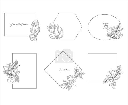 Illustration for Vector set of elegant geometric frames decorated by magnolia flowers, hand drawn wedding card design, botanical borders, hand drawn line art floral illustration - Royalty Free Image