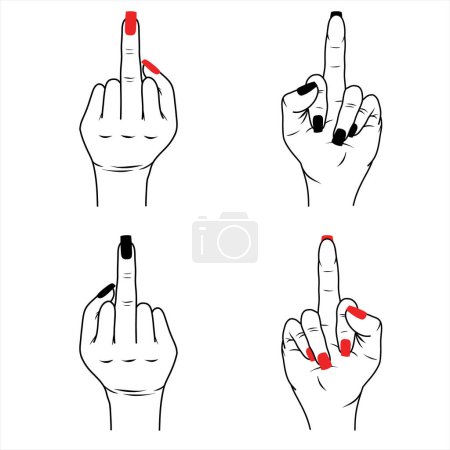 Set of women hands with middle finger up, female hands with red and black polish isolated vector Illustration
