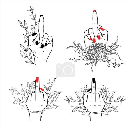 Set of women hands with middle finger up, decorated by greenery branches, female hands with red and black polish isolated vector Illustration